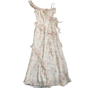 Storia One Shoulder Floral Ruffle Maxi Dress Cream Peach Blue JD9267TJ Small